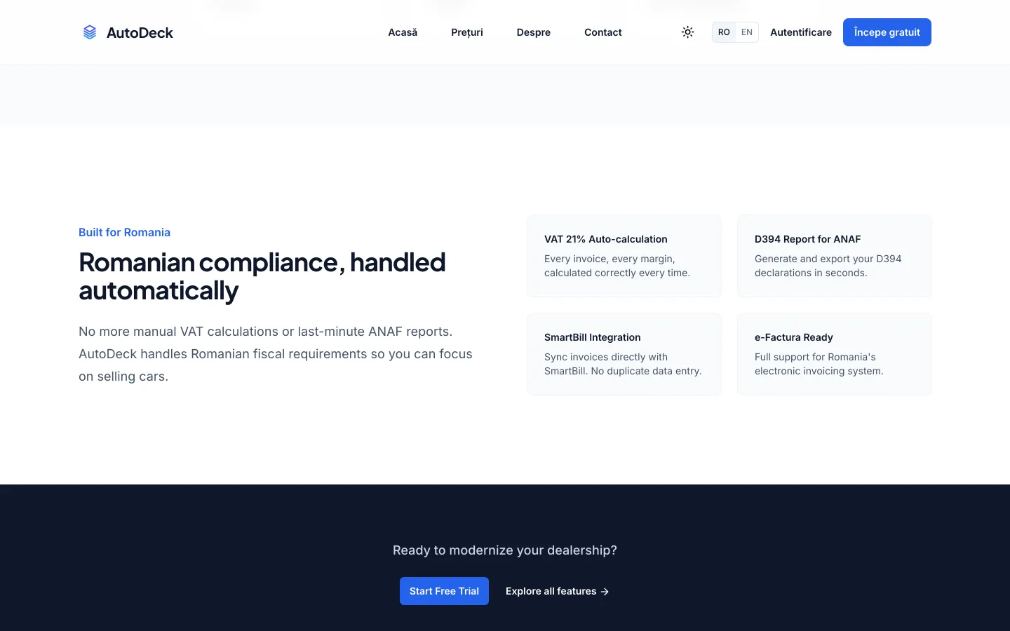 The AutoDeck site's Romanian compliance section: cards for VAT 21% auto-calculation, D394 reporting for ANAF, SmartBill integration and e-Factura support.