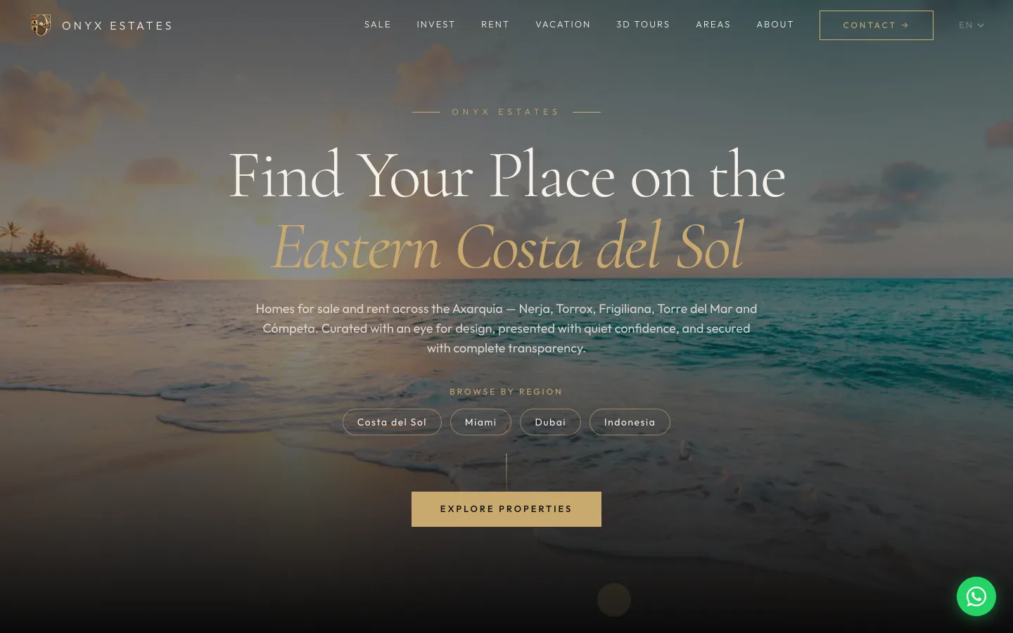 The Onyx Estates public site: a full-bleed Costa del Sol hero over region filters for browsing homes for sale and rent.